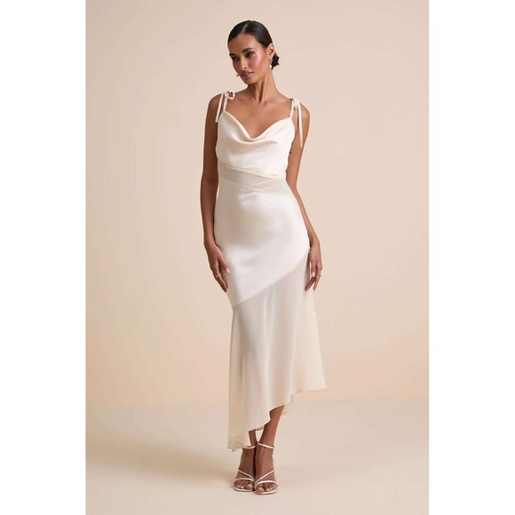 Lulus Dresses & Skirts - Lulus Enara Cream Satin Mesh Tie-Strap Asymmetrical Midi Dress Size XL
